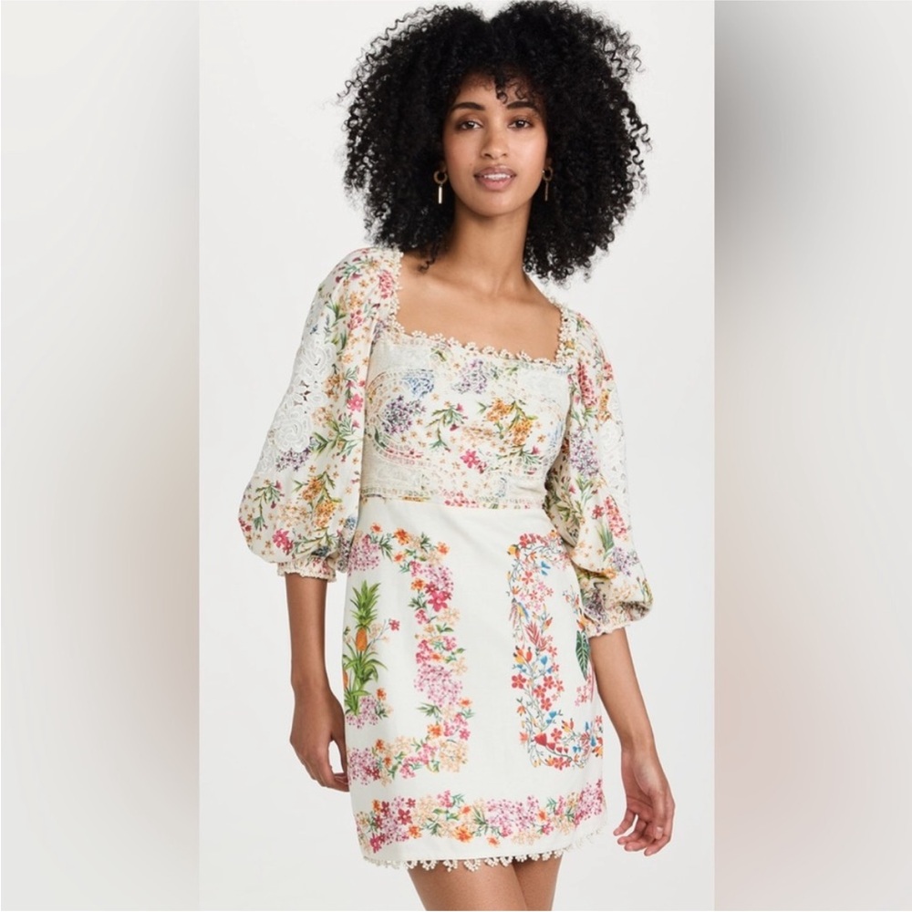 NWT!  Farm Rio Delicate Forest Scarves Billowy Sleeve Mini Embroidered Dress
